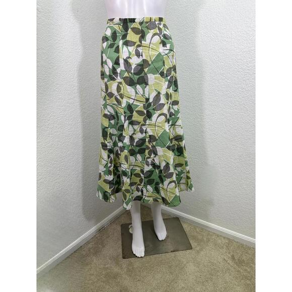 JM Collection Dresses & Skirts - Sz 14 JM Collection 100% Linen Floral Green Black Leaves Midi Flared Skirt